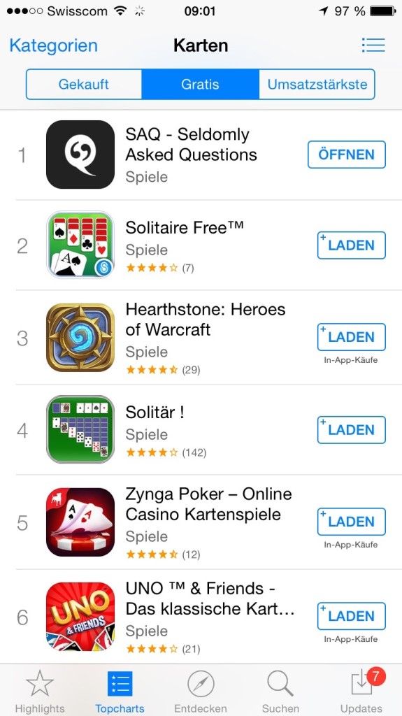 SAQ iOS Store Ranking Karten